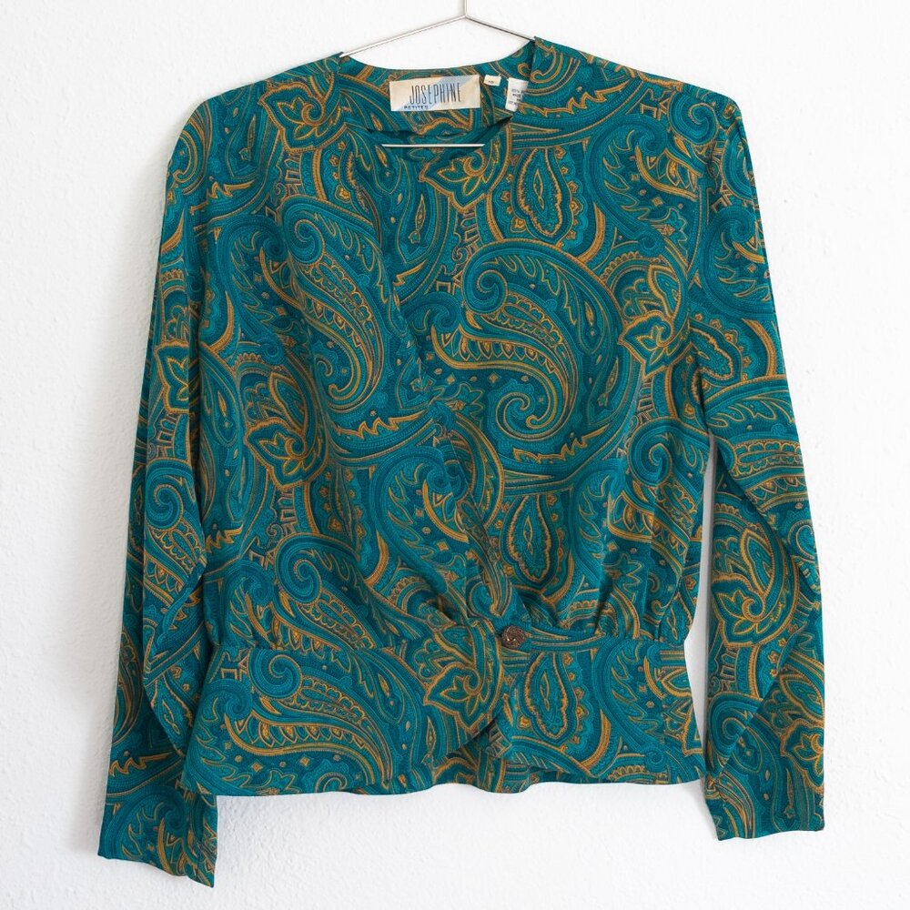 Vintage wrap blouse, blue and green paisley by Josephine